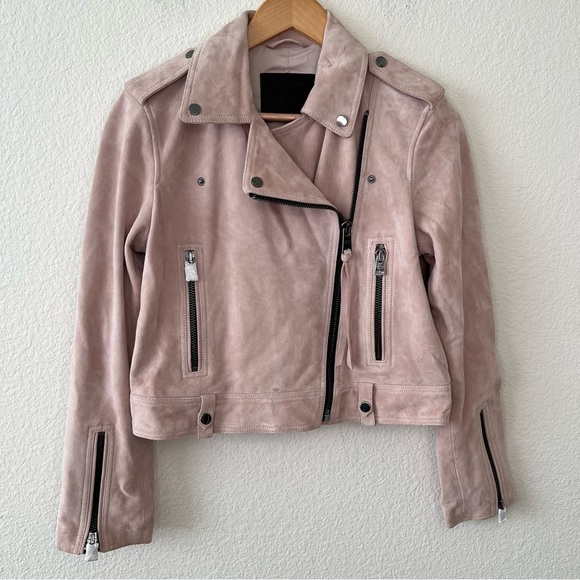 NEW All Saints Ayra Suede Biker jacket in pink size 6 - Picture 1 of 12